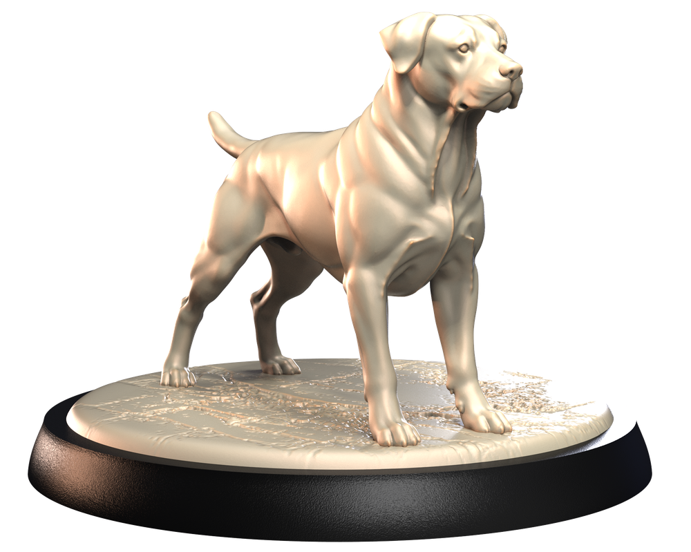 Unpainted 3D printed Rottweiler miniature standing on a textured circular base, ideal for dioramas and hobbyists.