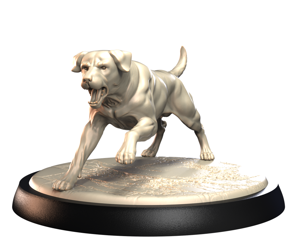 Unpainted 3D printed resin Rottweiler miniature in a dynamic running pose on a textured circular display base.