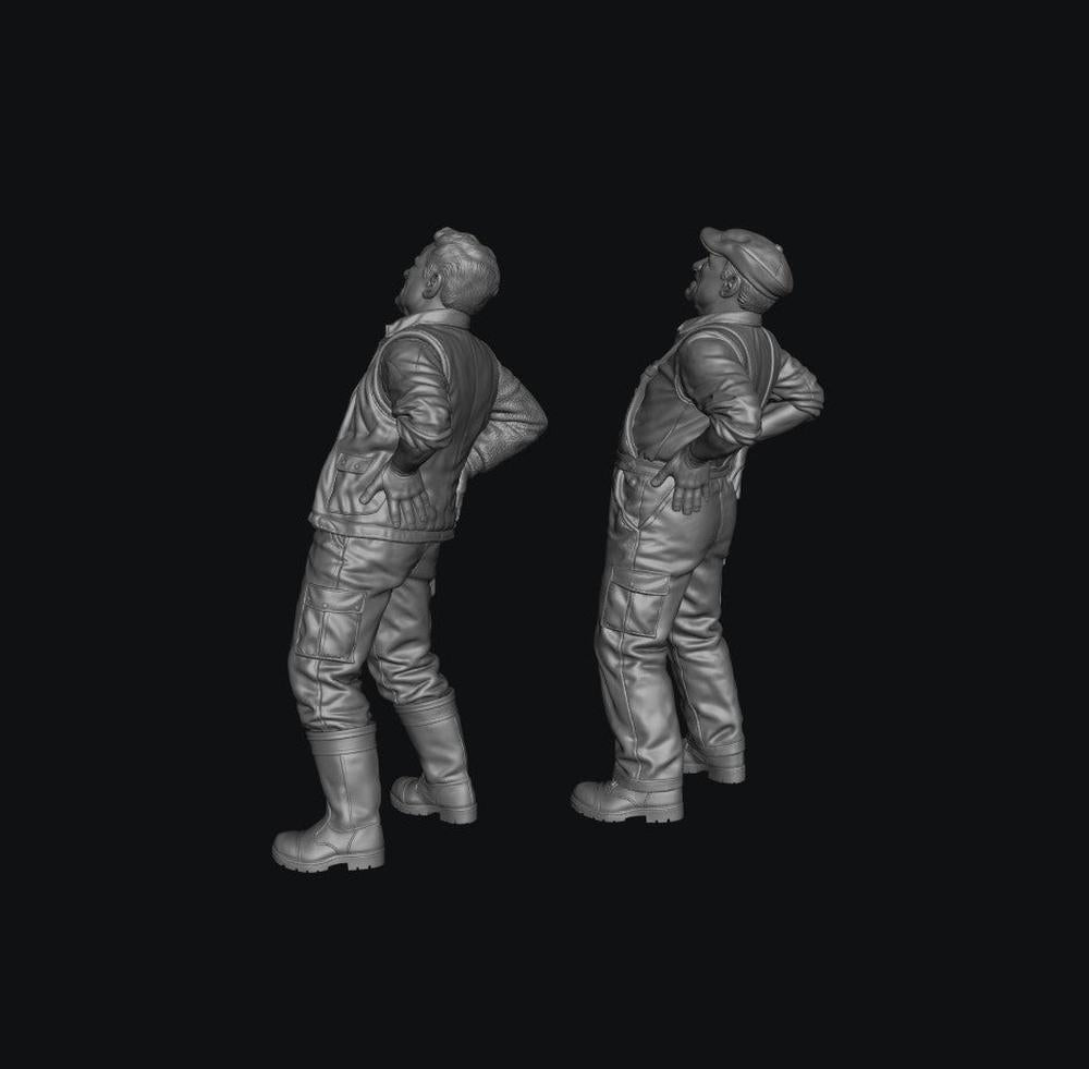 Two unpainted grey resin 3D-printed miniature figures of farmers with bad backs, shown from a side profile view.