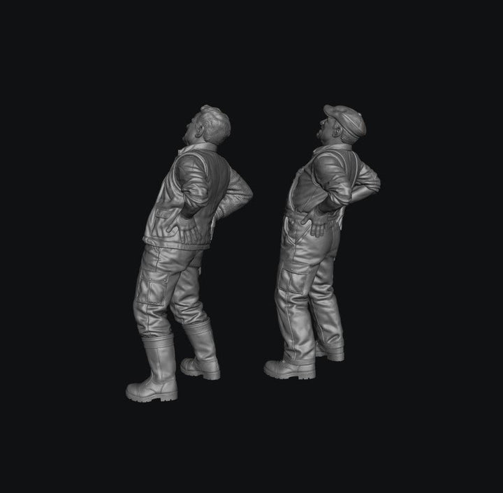 Two unpainted grey resin 3D-printed miniature figures of farmers with bad backs, shown from a side profile view.