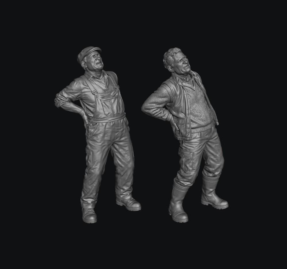 Two unpainted grey resin 3D printed miniature figures of male farmers holding their backs in pain.