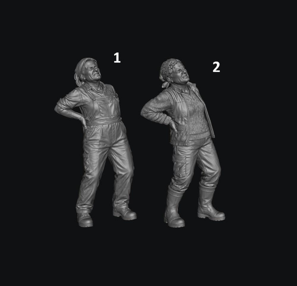 Two unpainted grey 3D resin model figures of a female farmer holding her back in pain, wearing overalls or vest.