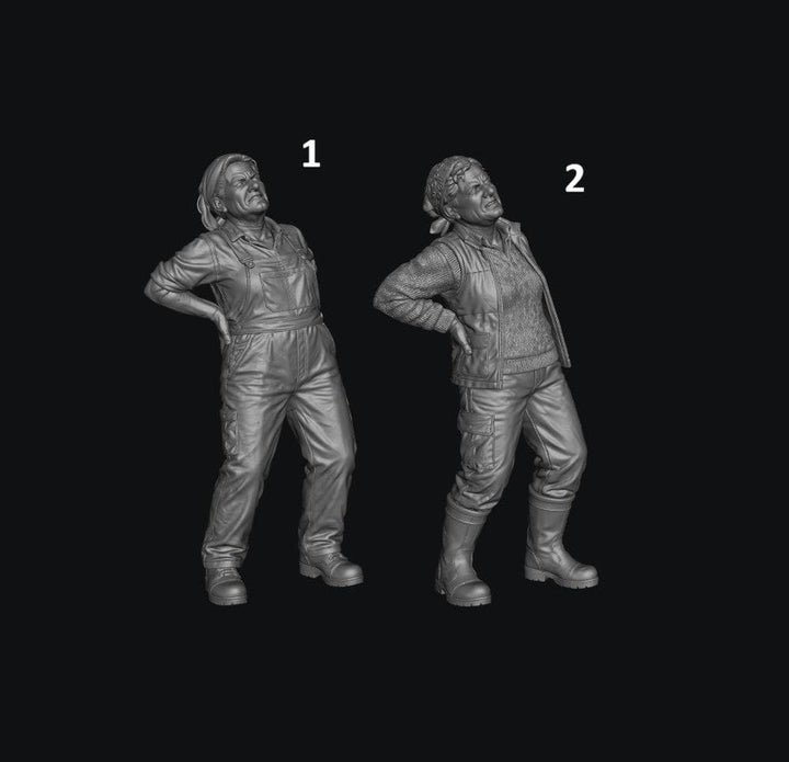 Two unpainted grey 3D resin model figures of a female farmer holding her back in pain, wearing overalls or vest.