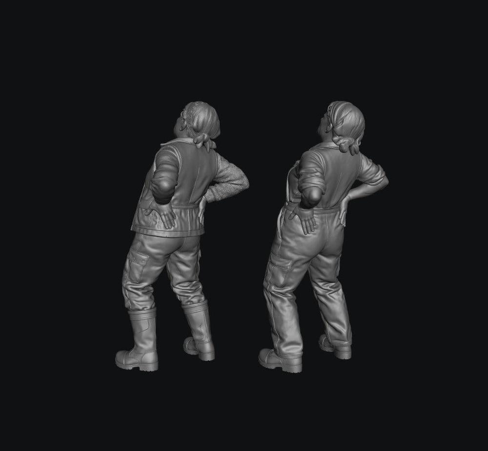 Two grey 3D-rendered scale model figures of a female farmer with a bad back, wearing work clothes and boots.