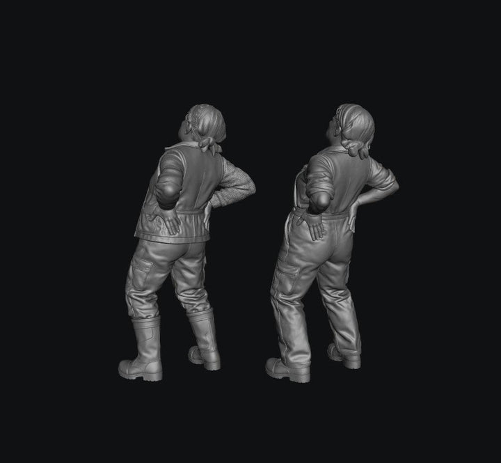 Two grey 3D-rendered scale model figures of a female farmer with a bad back, wearing work clothes and boots.