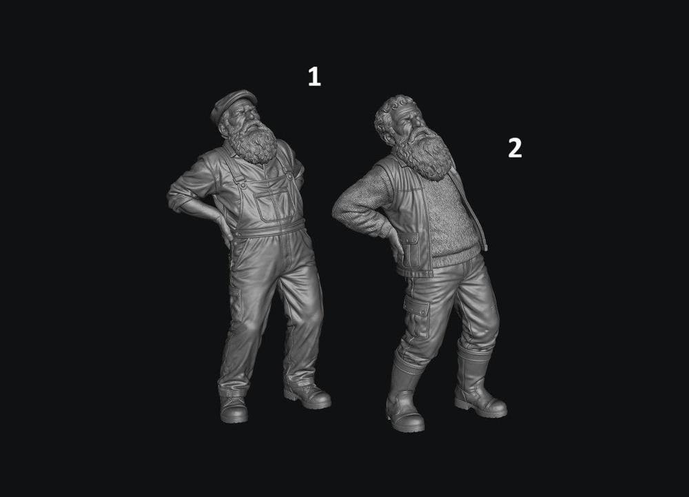 Two unpainted grey 3D resin scale model figures of elderly men with beards holding their aching backs.