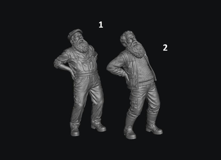 Two unpainted grey 3D resin scale model figures of elderly men with beards holding their aching backs.