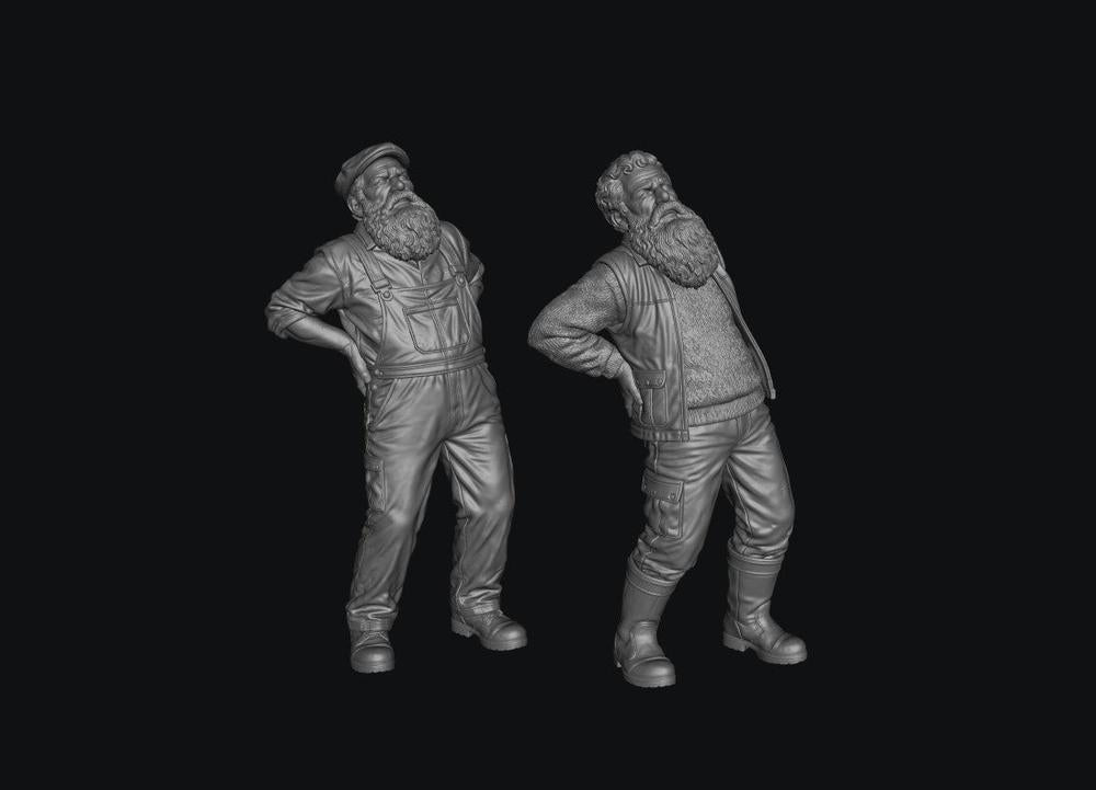 Two unpainted grey resin 3D printed miniature figures of elderly men with beards holding their aching backs.
