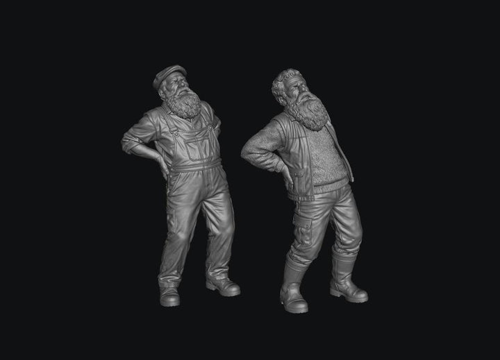 Two unpainted grey resin 3D printed miniature figures of elderly men with beards holding their aching backs.