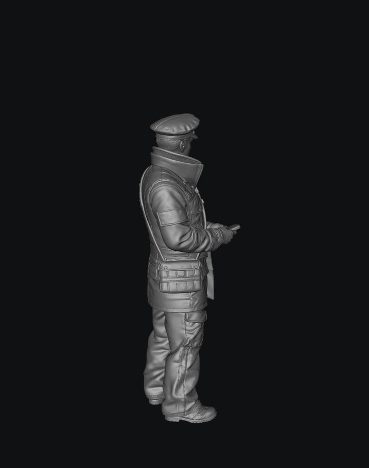 3D render of a grey unpainted male traffic warden scale model wearing a uniform, cap, and shoulder bag.
