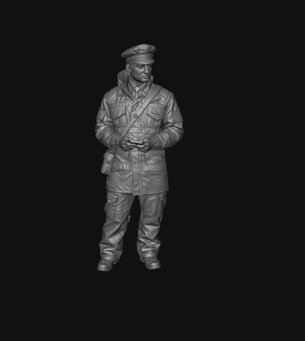 Unpainted grey resin 3D model of a male traffic warden in uniform with a peaked cap, jacket, and shoulder bag.