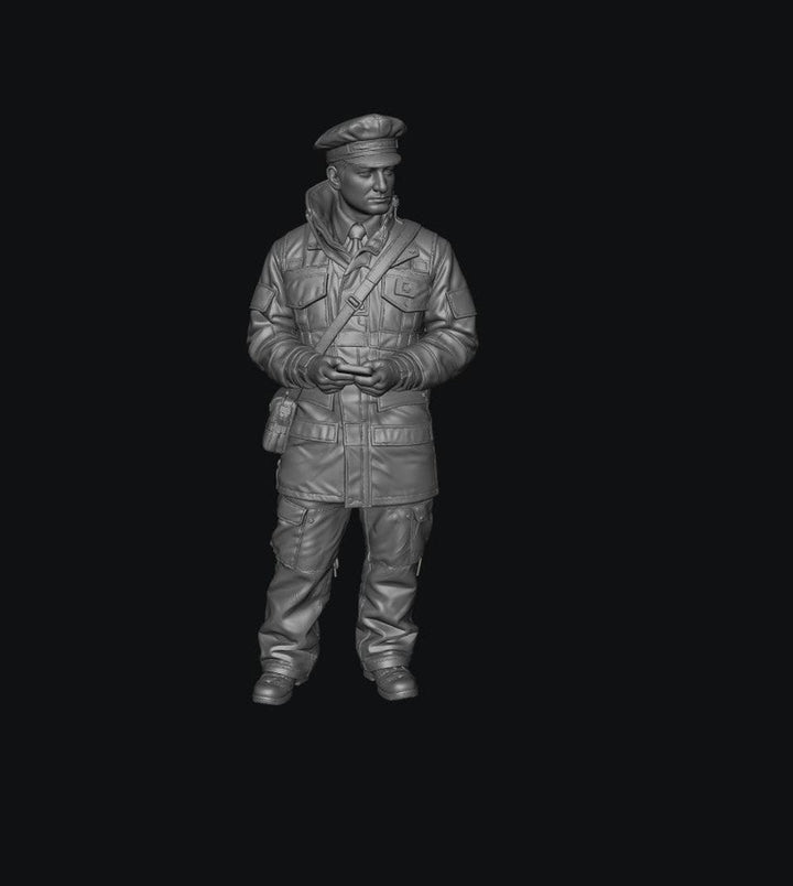 Unpainted grey resin 3D model of a male traffic warden in uniform with a peaked cap, jacket, and shoulder bag.
