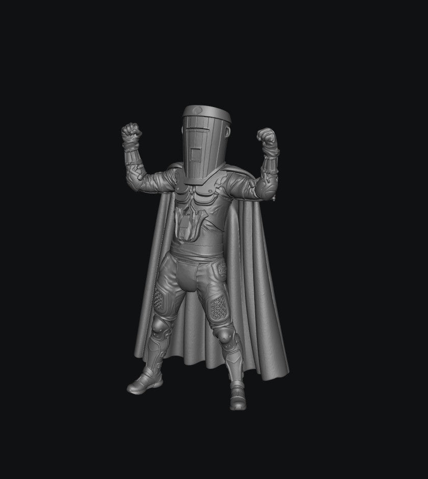 A grayscale 3D-printed miniature figurine of a superhero in a helmeted bodysuit with a flowing cape, posed with arms raised, set against a solid black background.