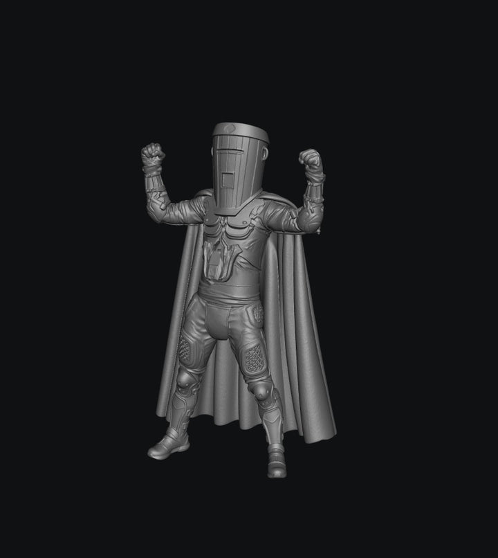 A grayscale 3D-printed miniature figurine of a superhero in a helmeted bodysuit with a flowing cape, posed with arms raised, set against a solid black background.