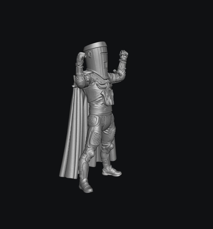 A 3D-rendered gray miniature figure of a knight in full armor with a tall helmet, cape, and raised fists, shown against a solid black background.