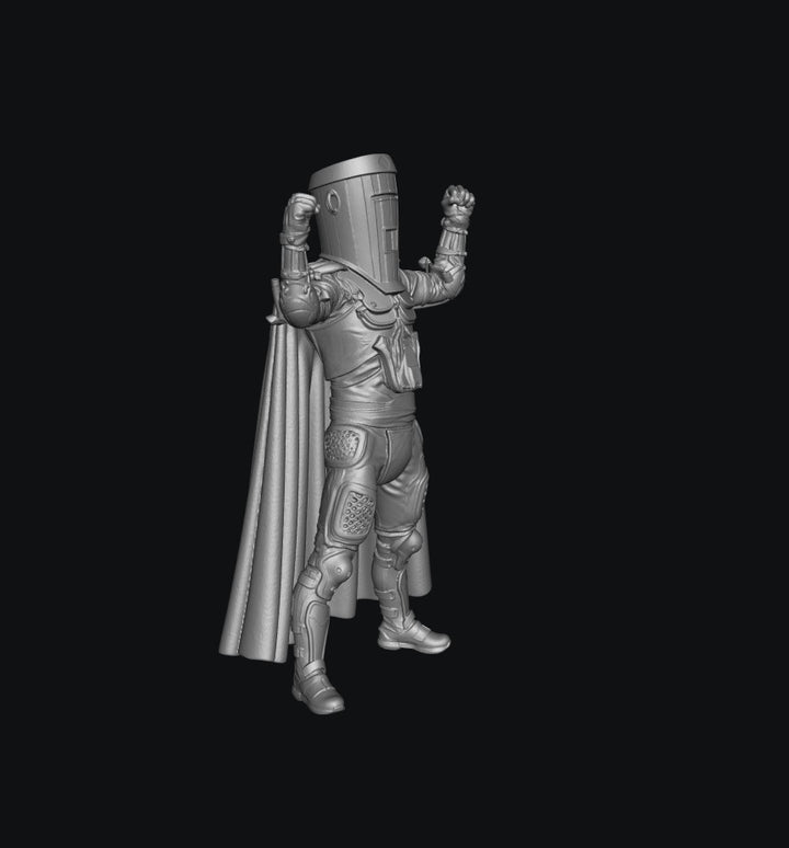 A 3D-rendered gray miniature figure of a knight in full armor with a tall helmet, cape, and raised fists, shown against a solid black background.