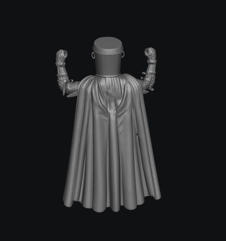 A 3D-rendered gray figure viewed from the back, wearing a long draped cape and armored arms with gauntlets, centered on a solid black background.