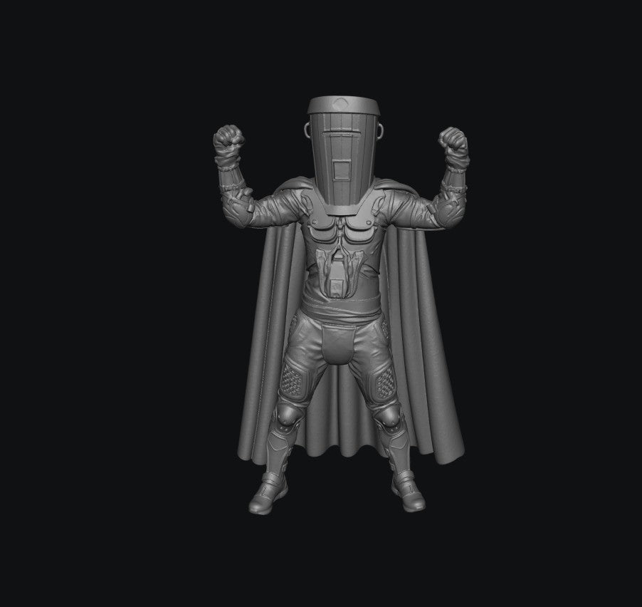 A grayscale 3D-rendered figure of a muscular superhero-like character with raised fists, a helmet, cape, and armored body, centered on a solid black background.