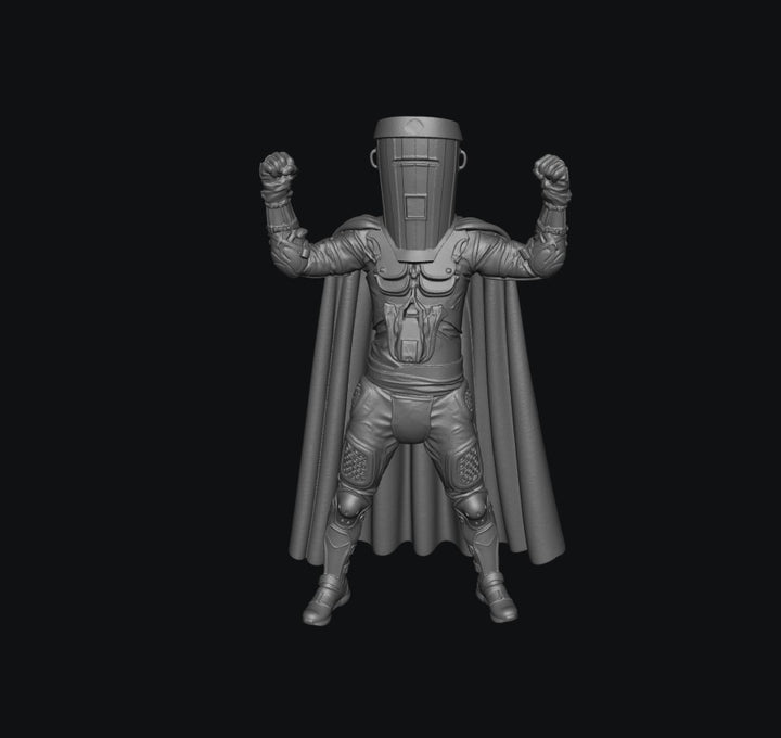 A grayscale 3D-rendered figure of a muscular superhero-like character with raised fists, a helmet, cape, and armored body, centered on a solid black background.