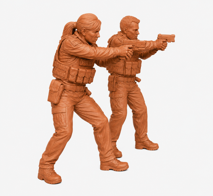 Two unpainted terracotta-colored 3D printed resin police officer miniatures holding tasers in tactical poses.