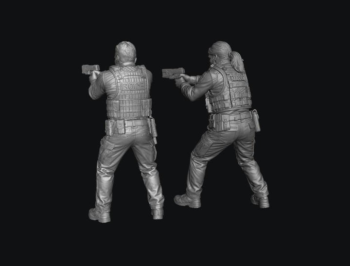 Unpainted grey resin 3D model of two police officers in tactical gear holding tasers, back view.