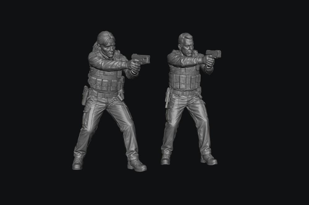 Two unpainted grey resin 3D printed police officer miniatures in tactical gear holding Tasers in a firing stance.