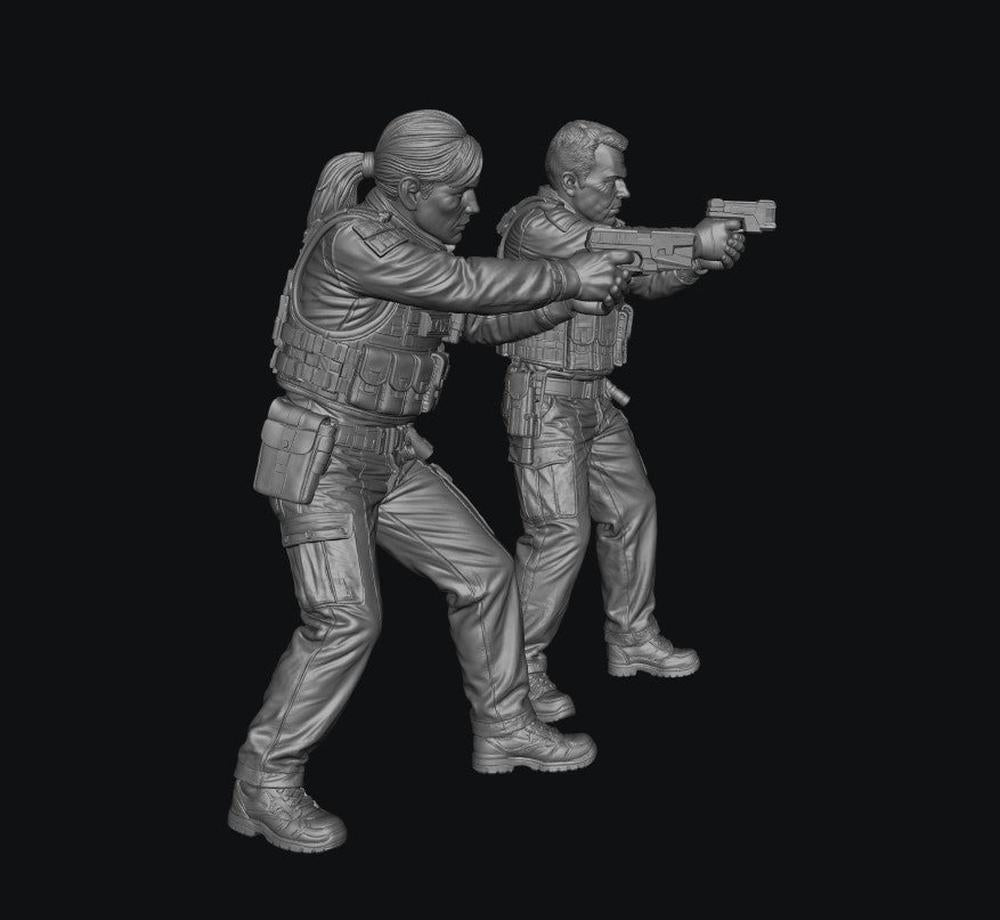 Unpainted grey 3D resin model of two police officers in tactical gear holding tasers for diorama displays.