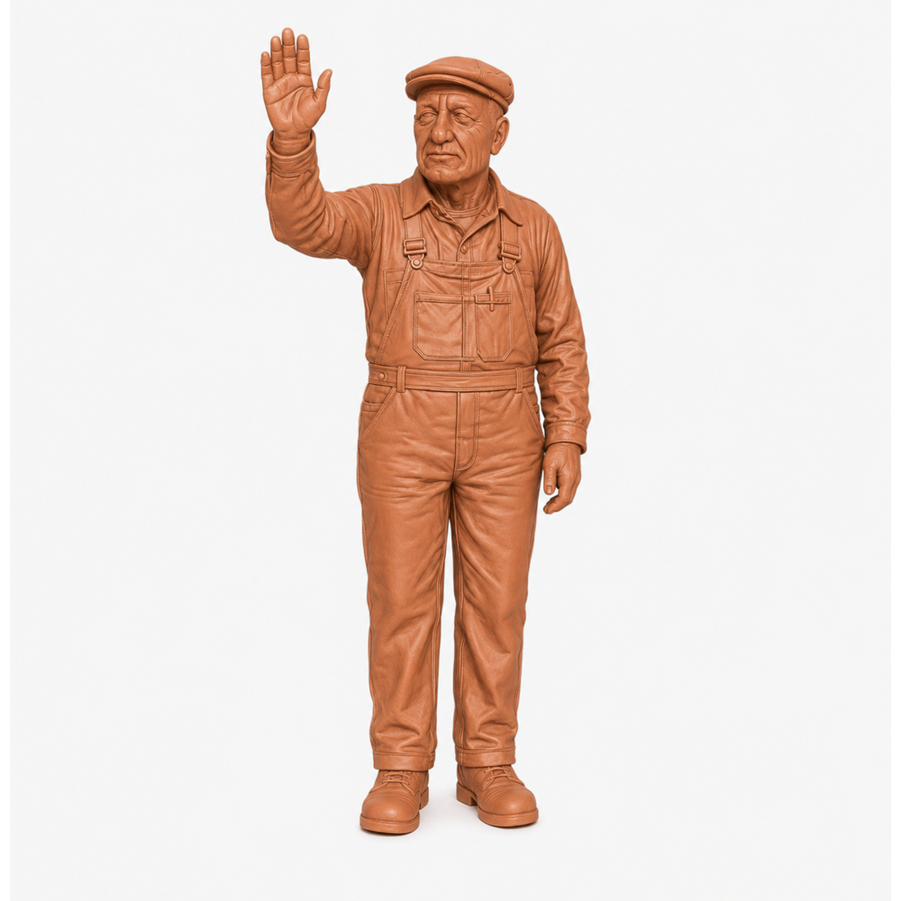 Unpainted terracotta resin model of a standing narrow gauge locomotive driver wearing overalls and a flat cap.