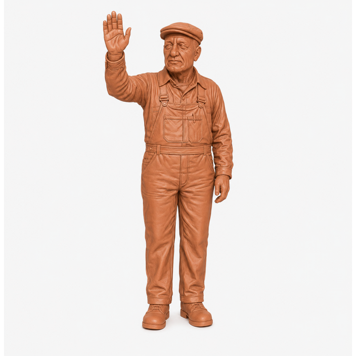 Unpainted terracotta resin model of a standing narrow gauge locomotive driver wearing overalls and a flat cap.