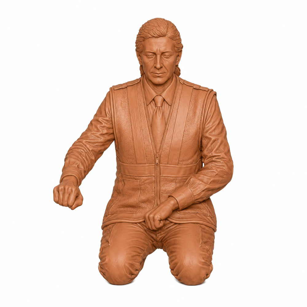 Unpainted terracotta resin scale model of a female train driver in a seated position with legs cut.