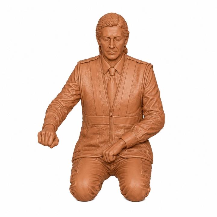 Unpainted terracotta resin scale model of a female train driver in a seated position with legs cut.