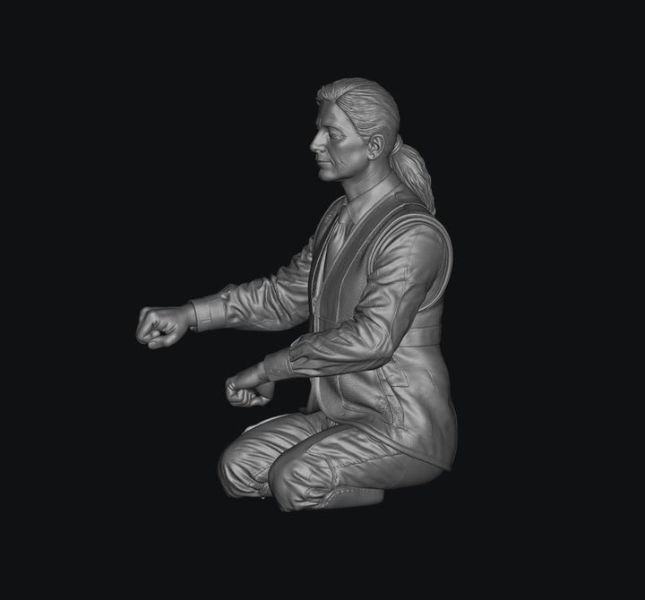 3D render of a grey resin female train driver figure with legs cut, shown in a seated, driving pose.