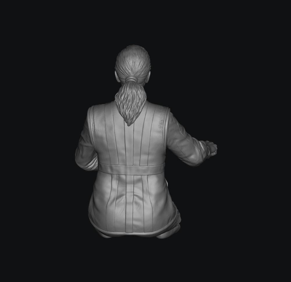 Unpainted grey resin 3D model of a female train driver with a ponytail, shown from the back in a seated pose.