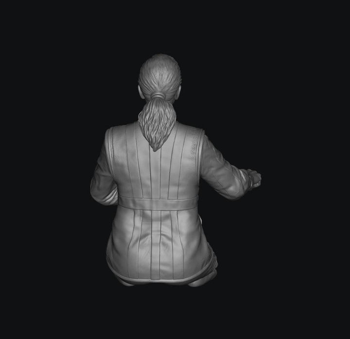 Unpainted grey resin 3D model of a female train driver with a ponytail, shown from the back in a seated pose.