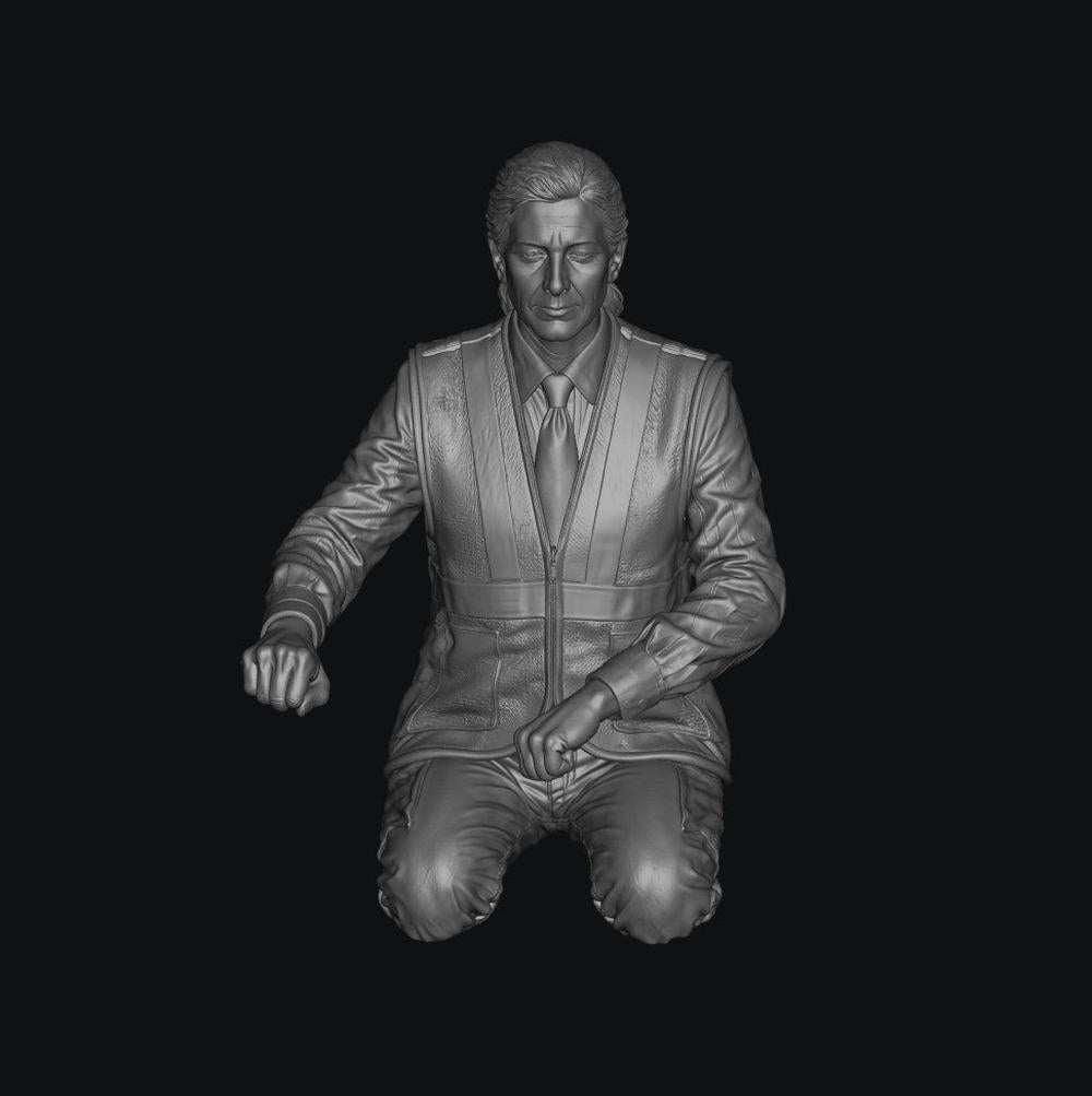 Grey 3D render of a female train driver miniature in a uniform, shown from the waist up with legs cut off.