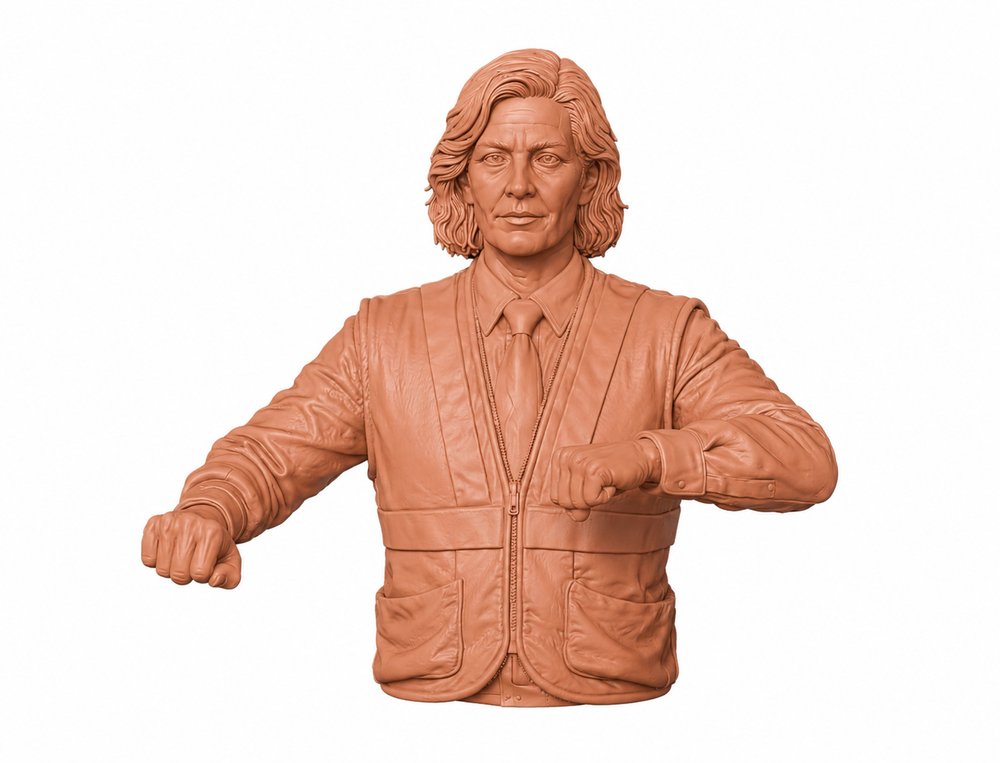 Unpainted terracotta resin miniature of a female train driver with shoulder-length hair, wearing a vest and tie.
