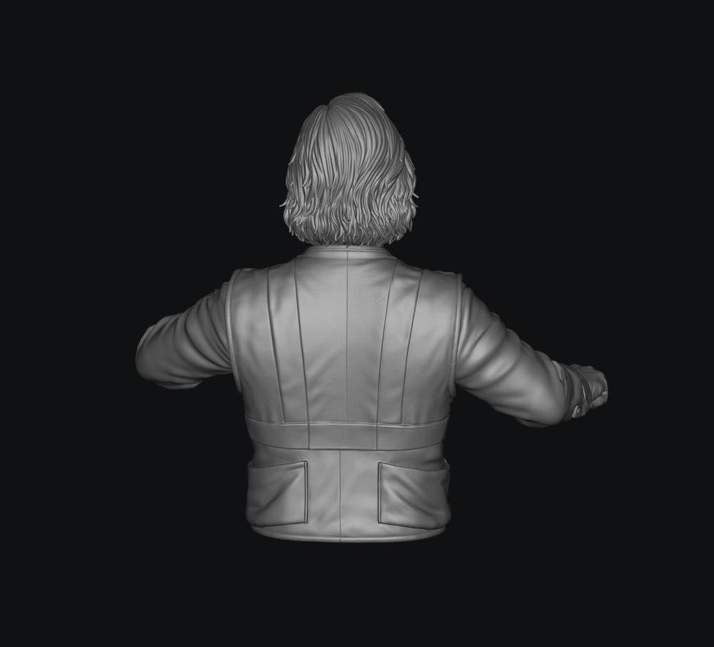3D render of a grey, unpainted female train driver miniature, showing the back view of her uniform jacket and hair.