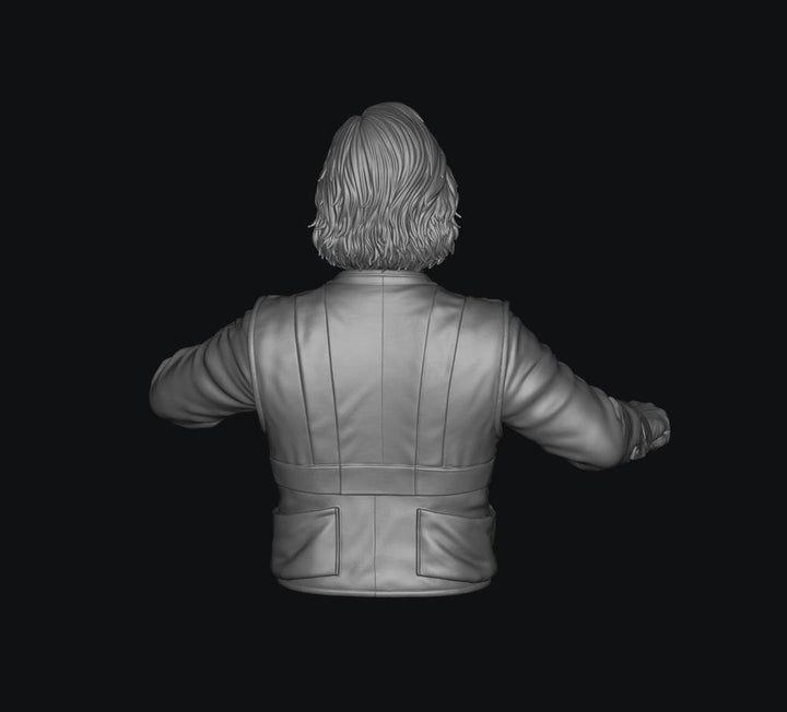 3D render of a grey, unpainted female train driver miniature, showing the back view of her uniform jacket and hair.