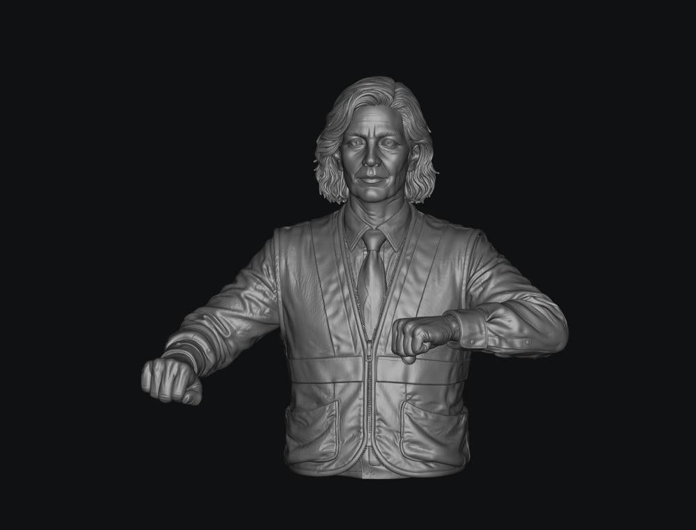 3D render of a female train driver miniature in grey resin, wearing a collared shirt, tie, and utility vest.