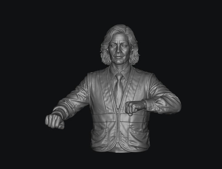 3D render of a female train driver miniature in grey resin, wearing a collared shirt, tie, and utility vest.