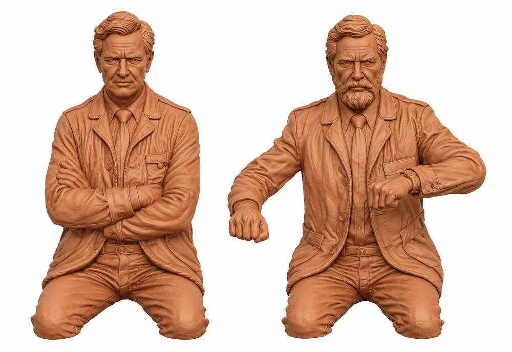Two unpainted terracotta resin 3D-printed figures of Early BR train crew members in jackets and ties.