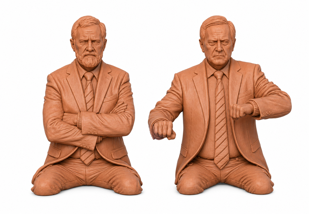 Two unpainted terracotta-colored 3D printed resin figures of seated BR train crew members in suits.