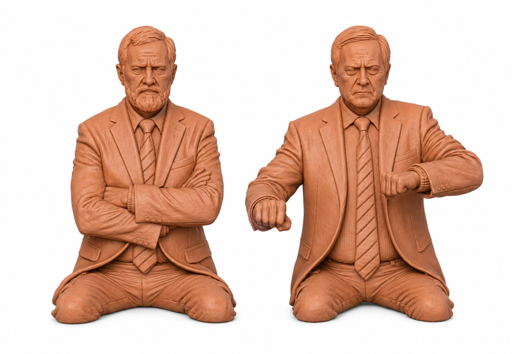 Two unpainted terracotta-colored 3D printed resin figures of seated BR train crew members in suits.