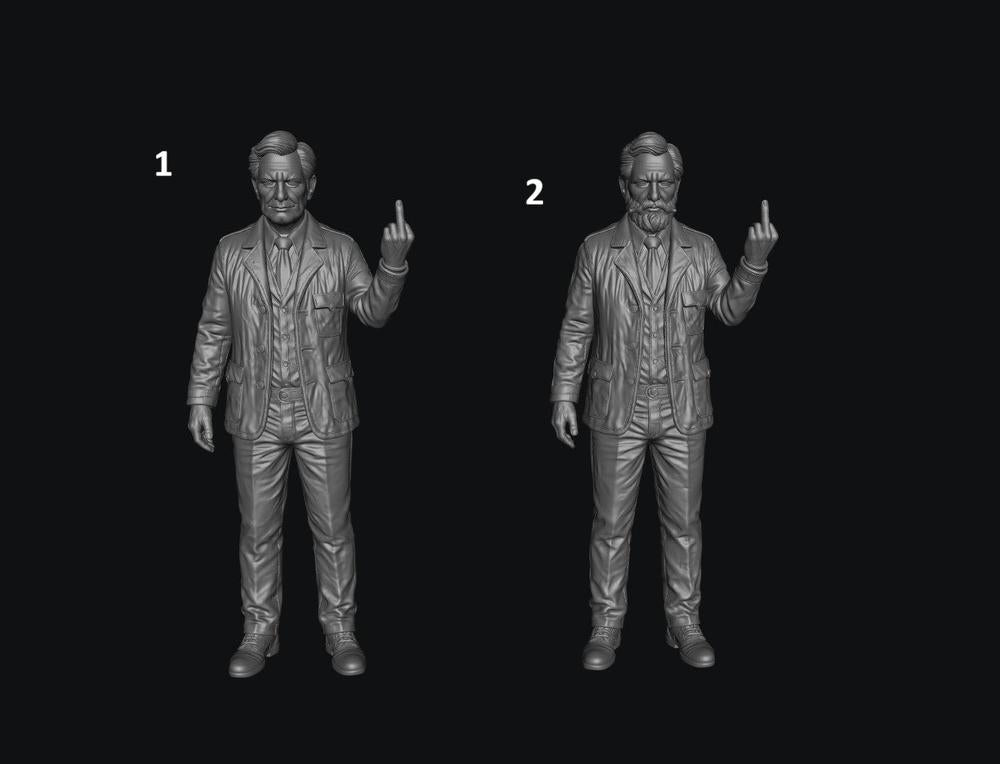 Two unpainted grey resin 3D scale model men in suits giving the middle finger, shown as numbered digital renders.
