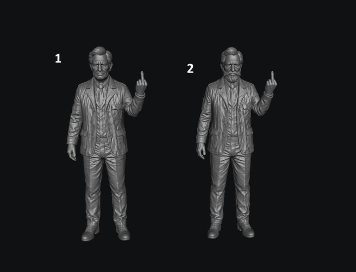 Two unpainted grey resin 3D scale model men in suits giving the middle finger, shown as numbered digital renders.