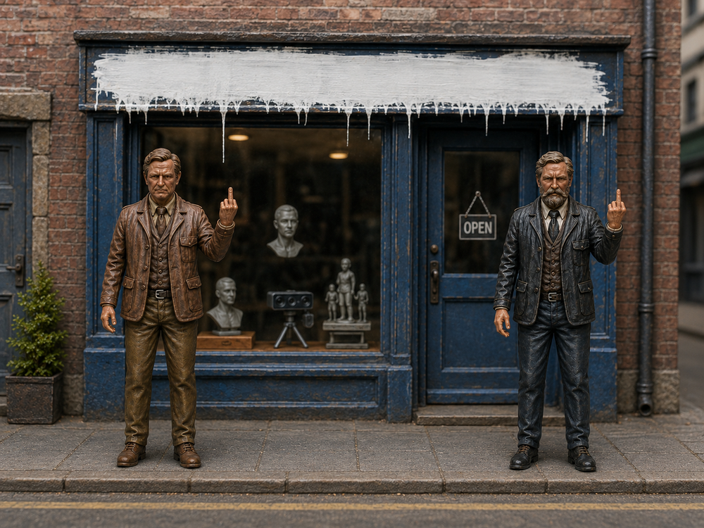 Two detailed 3D-printed miniature men in suits standing outside a shop, both gesturing with their middle fingers raised.