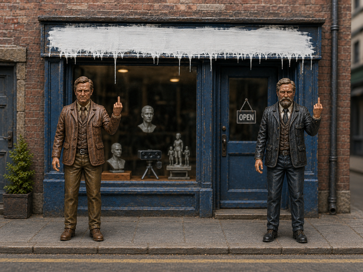 Two detailed 3D-printed miniature men in suits standing outside a shop, both gesturing with their middle fingers raised.