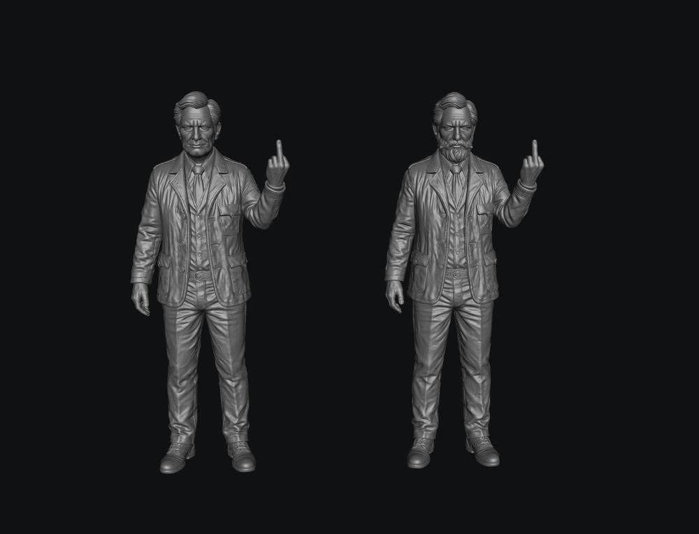 Two unpainted grey resin scale model figures of men in suits giving the middle finger, 3D printed design.