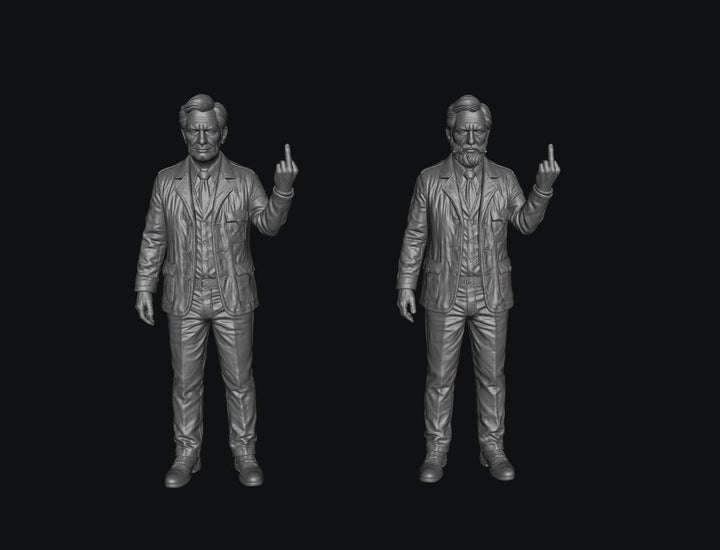 Two unpainted grey resin scale model figures of men in suits giving the middle finger, 3D printed design.