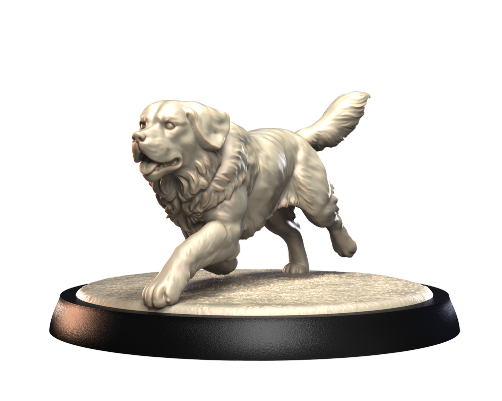 Unpainted 3D printed Saint Bernard dog miniature in a running pose on a round display base.